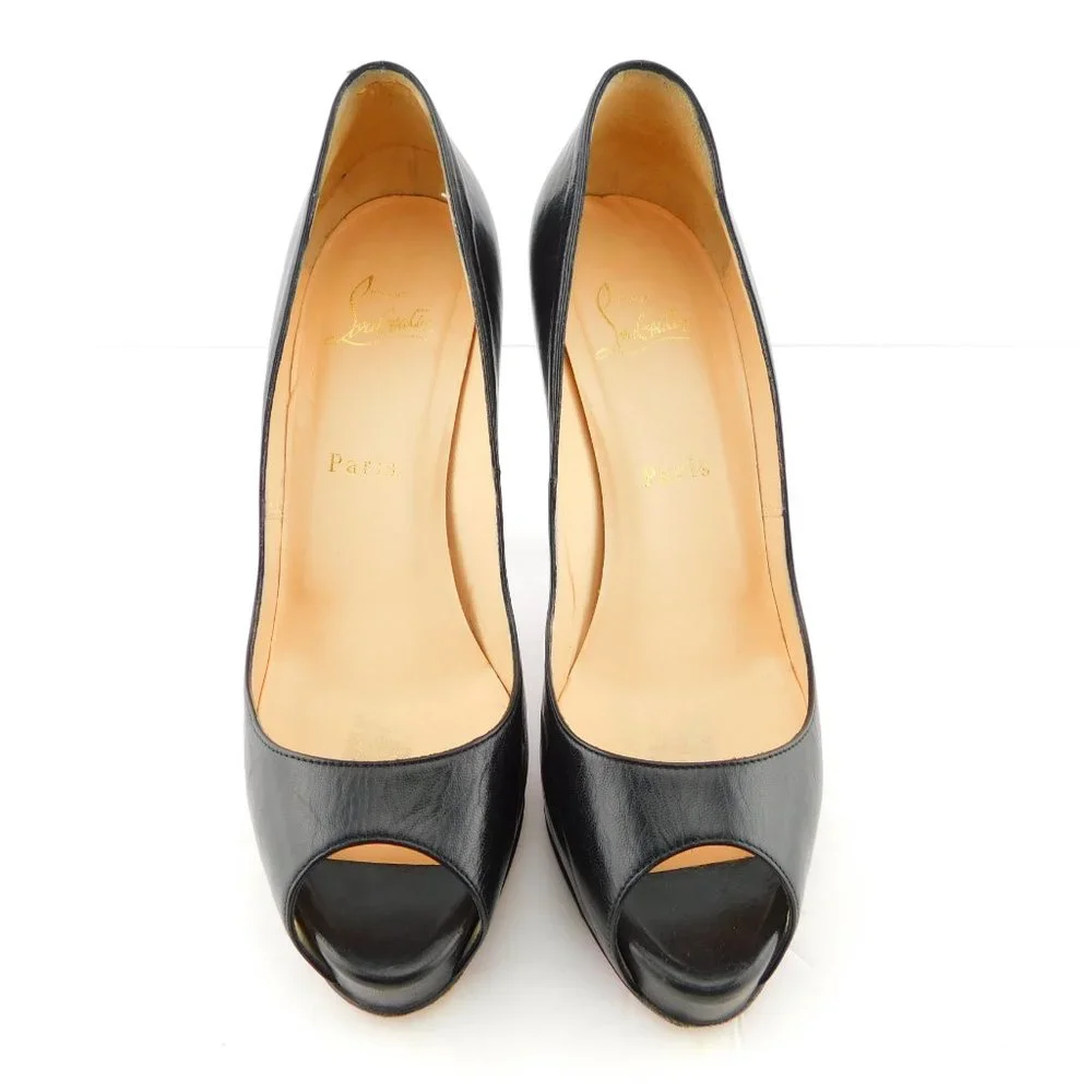 CHRISTIAN LOUBOUTIN Black Leather Peep Toe Platform Heel Pumps 38.5